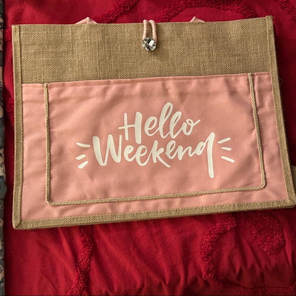 Pink and Tan 'Hello Weekend' Clutch